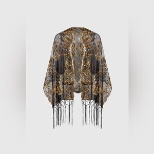1920s Elegant Gold and Black Embroidered Sequin Peacock Shawl